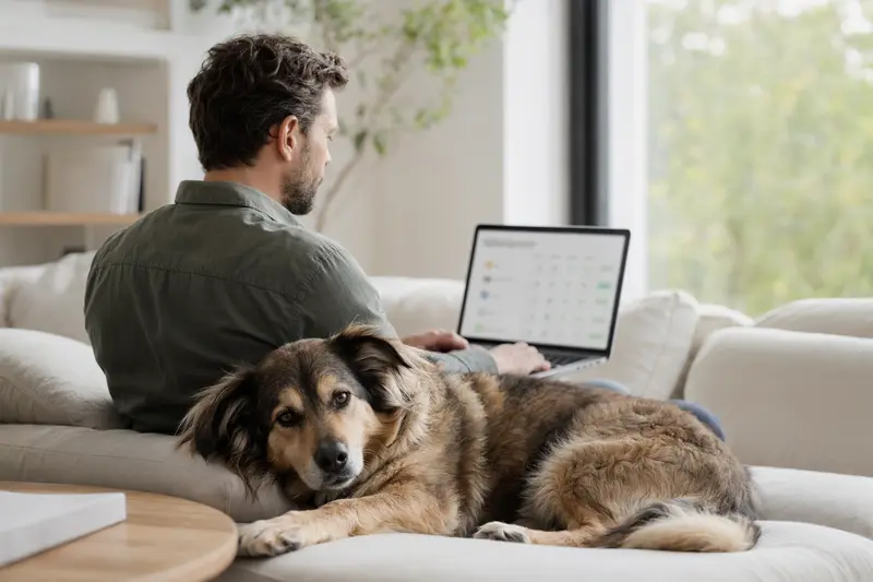 Ein Besitzer sitzt mit Laptop auf dem Sofa neben seinem Elchhund, während er eine Versicherungsvergleichs-Oberfläche betrachtet.