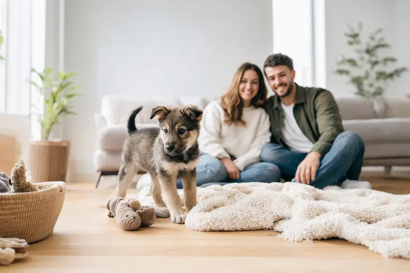 Neugieriger Elchhund Welpe erkundet sein neues Zuhause mit liebevoller Familie im Hintergrund.