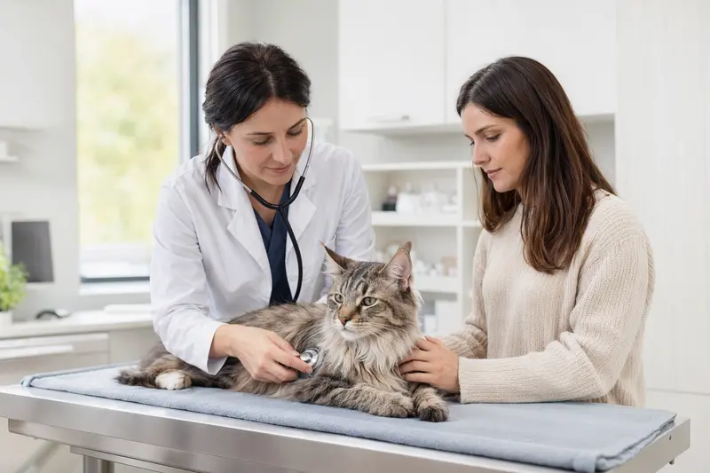 Eine ruhige Elfenkatze wird von einer freundlichen Tierärztin auf einem Untersuchungstisch in einer modernen Tierarztpraxis behutsam mit einem Stethoskop untersucht.