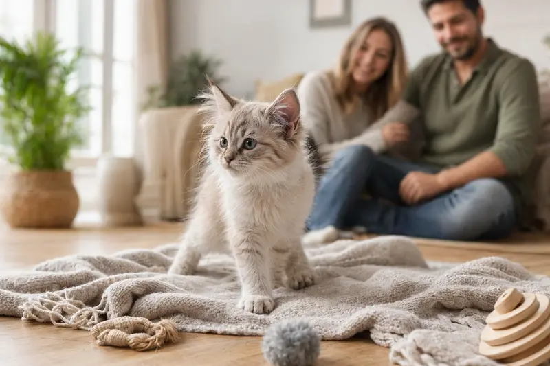 Ein neugieriges Elfenkatzen-Kitten erkundet seine neue, helle Wohnung mit einer weichen Decke und Spielzeug im Vordergrund.
