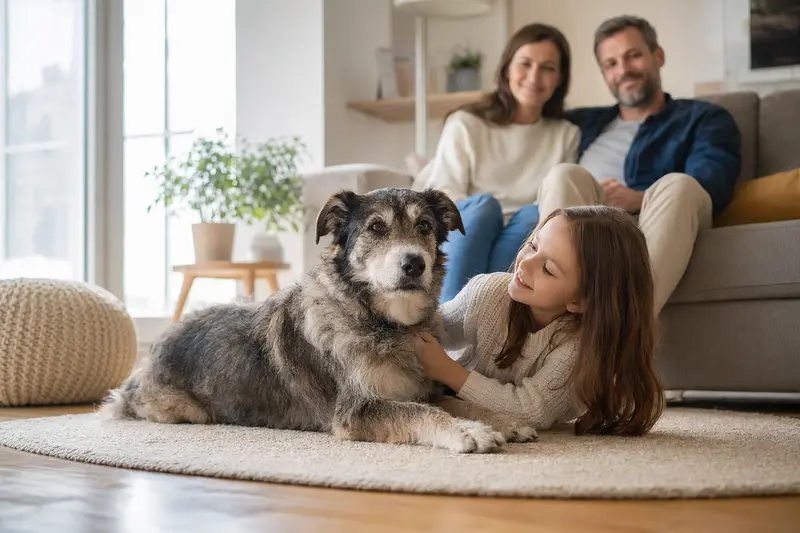 Ein freundlicher Ellenikos Ichnilatis Hund liegt entspannt neben einem Kind in einem lichtdurchfluteten Wohnzimmer.