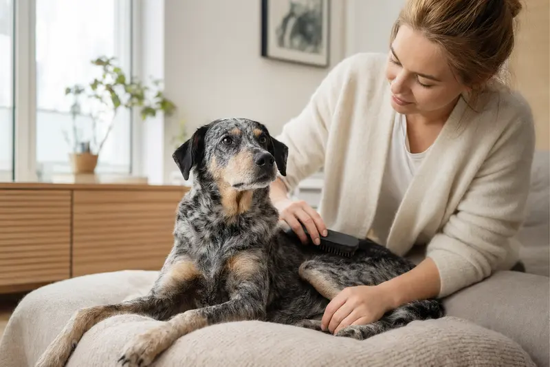 Ein Ellenikos Ichnilatis Hund wird in einer hellen Wohnung liebevoll gebürstet und erhält sanfte Fellpflege durch seinen Besitzer.