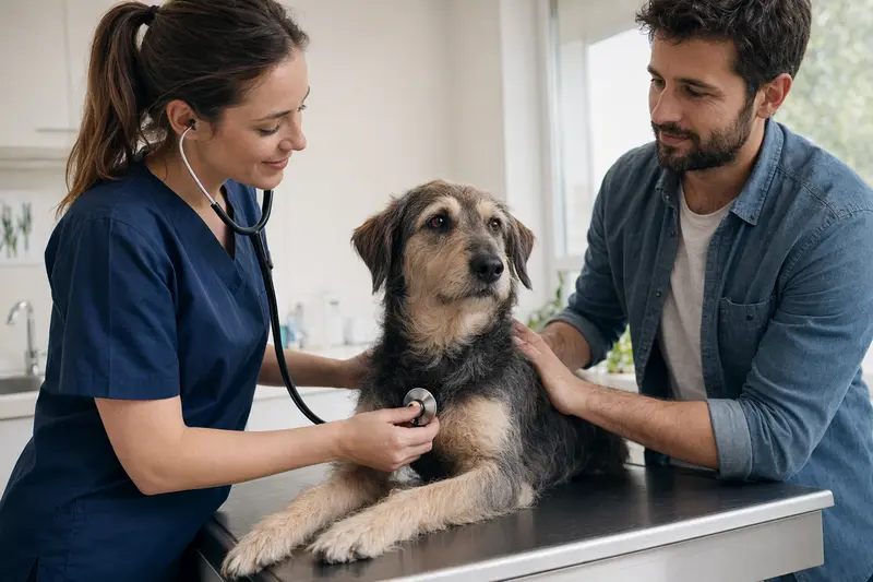 Ein ruhiger Ellenikos Ichnilatis Hund wird von einer freundlichen Tierärztin in einer modernen Tierarztpraxis mit einem Stethoskop untersucht, während der Besitzer beruhigend daneben steht.