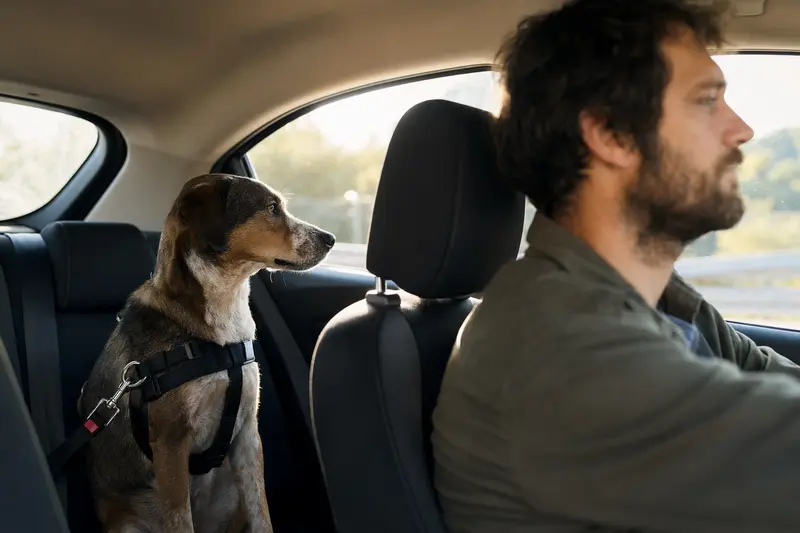 Ein Ellenikos Ichnilatis Hund sitzt gesichert auf der Rückbank eines Autos, während die Sonne durch das Fenster scheint.