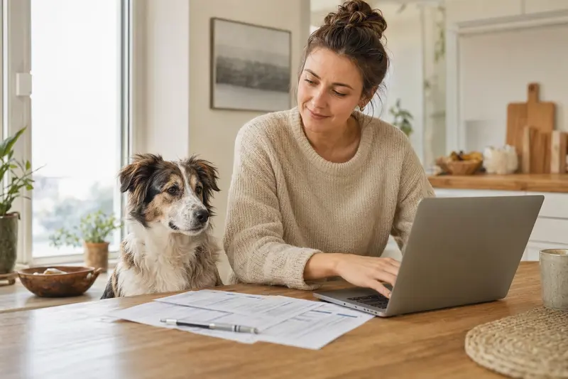 Ein Ellenikos Ichnilatis Hund sitzt ruhig neben seinem Besitzer am Küchentisch mit Versicherungsunterlagen und Laptop.