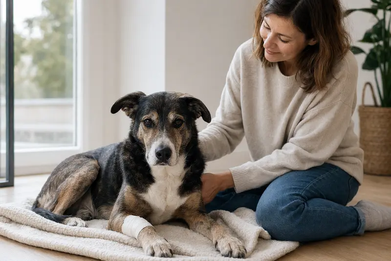 Ein Ellenikos Ichnilatis Hund mit Verband an der Pfote liegt entspannt neben seinem Besitzer in einer hellen Wohnung.