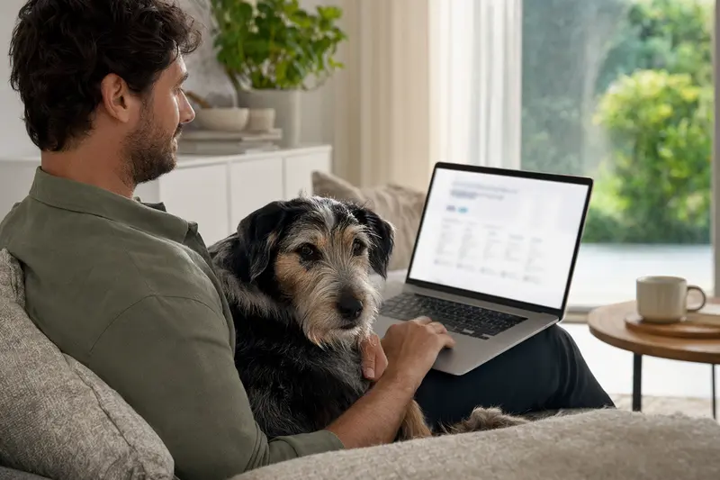 Ein Hundebesitzer arbeitet am Laptop auf dem Sofa neben einem Ellenikos Ichnilatis Hund, während er einen Versicherungsvergleich durchführt.