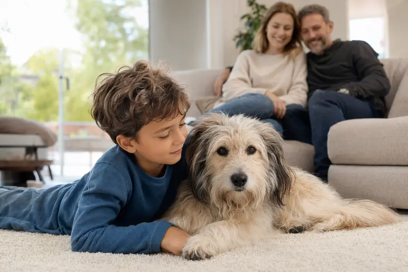 Ein entspannter Elo Hund liegt neben einem Kind im gemütlichen Wohnzimmer.
