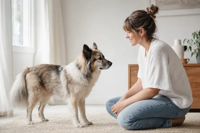 Ein Elo Hund steht aufmerksam vor hellem Hintergrund und zeigt in natürlicher Haltung die typischen Merkmale der Rasse.