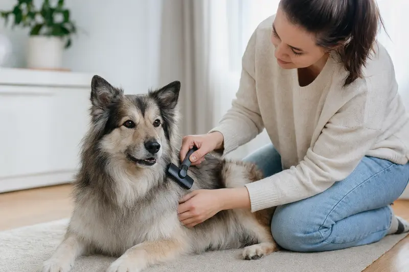 Ein Elo Hund wird in einer hellen Wohnung sanft gebürstet, während sich der Besitzer liebevoll um die Fellpflege kümmert.
