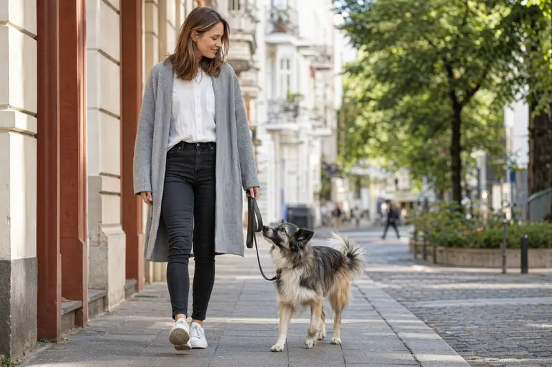 Ein Elo Hund läuft entspannt an der Leine mit seinem Besitzer durch eine freundliche moderne Stadtstraße.