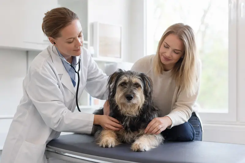 Ein ruhiger Elo Hund wird von einer freundlichen Tierärztin auf einem Untersuchungstisch in einer modernen Praxis mit einem Stethoskop untersucht, während der Besitzer beruhigend danebensteht.