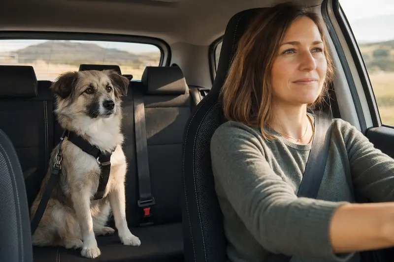Ein Elo Hund sitzt sicher angeschnallt auf der Rückbank eines Autos, während der Besitzer entspannt fährt.