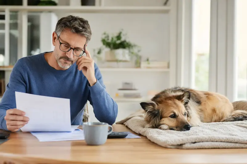 Besitzer sitzt mit einer Tierarztrechnung am Tisch, während ein entspannter Elo Hund auf einer Decke daneben liegt – ein ruhiges Bild zum Thema Tierarztkosten und Hundekrankenversicherung.