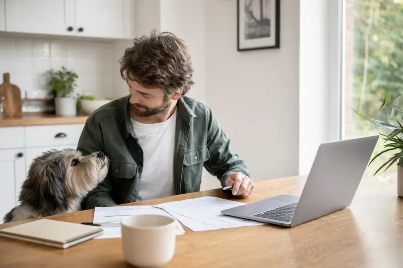 Ein ruhiger Elo Hund sitzt neben seinem Besitzer am Küchentisch mit Versicherungsunterlagen und einem Laptop.