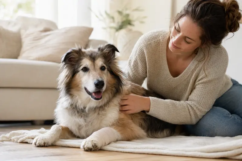 Ein Elo Hund mit einem leichten Verband an der Pfote liegt entspannt auf einer Decke, während sein Besitzer ihn fürsorglich begleitet.