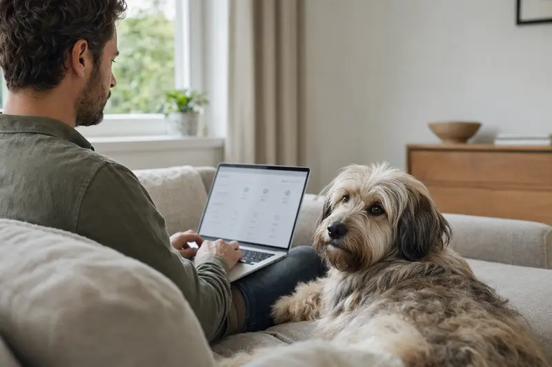 Ein Hundebesitzer arbeitet am Laptop auf dem Sofa, während sein Elo Hund entspannt neben ihm sitzt und eine Versicherungsvergleichsoberfläche auf dem Bildschirm angezeigt wird.
