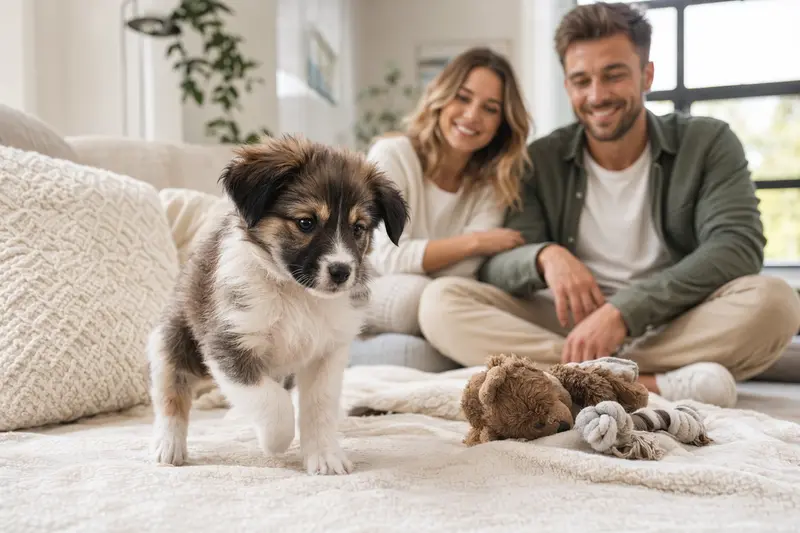 Ein junger Elo Welpe entdeckt neugierig sein neues Zuhause mit einer weichen Decke und Spielzeug, während eine liebevolle Familie im Hintergrund zu sehen ist.