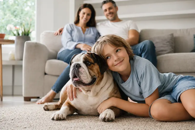 Ein entspannter Englische Bulldogge Hund liegt neben einem Kind im Wohnzimmer, umgeben von einer warmen, familiären Atmosphäre.