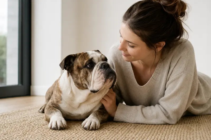 Eine aufmerksame Englische Bulldogge steht in natürlicher Haltung vor hellem Hintergrund als professionelles Tierportrait.