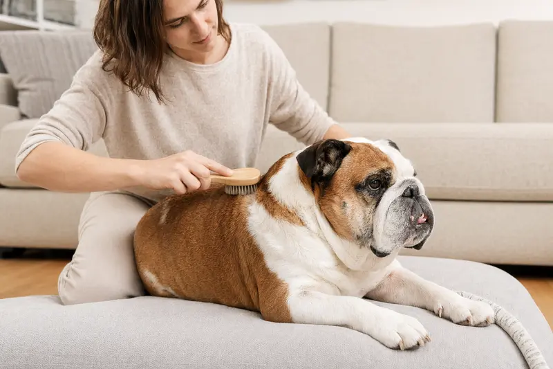 Eine Englische Bulldogge wird zuhause sanft gebürstet, während sich der Besitzer liebevoll um die Fellpflege und Gesundheit des Hundes kümmert.