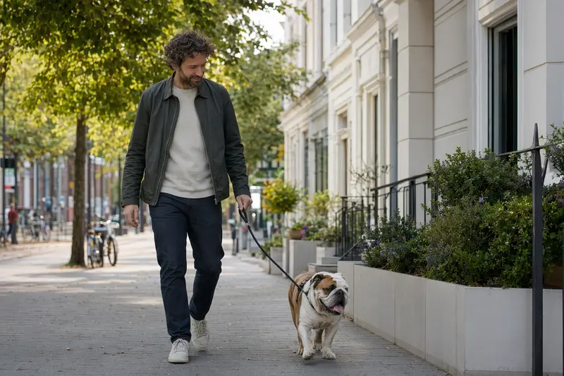 Englische Bulldogge läuft entspannt an der Leine mit ihrem Besitzer durch eine freundliche Stadtstraße.