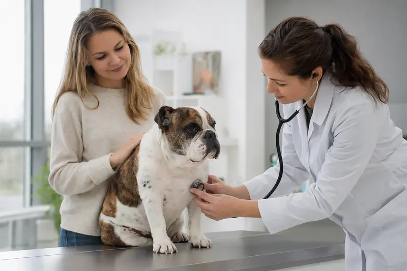 Ein ruhiger Englische Bulldogge auf einem Untersuchungstisch wird behutsam von einer freundlichen Tierärztin untersucht.