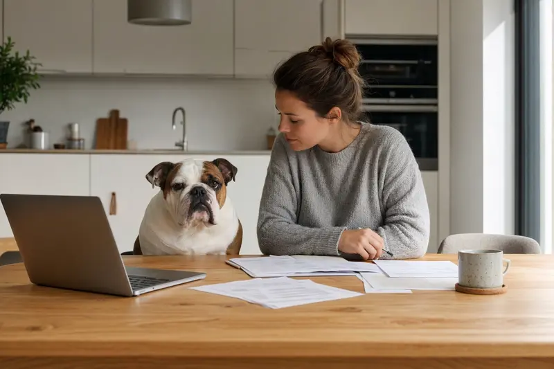 Englische Bulldogge sitzt ruhig neben seinem Besitzer am Küchentisch mit Versicherungsunterlagen und Laptop für den Vergleich von Tierversicherungen.