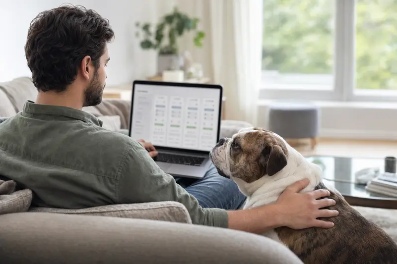 Ein Hundebesitzer nutzt einen Laptop auf dem Sofa, während eine Englische Bulldogge neben ihm sitzt und eine neutrale Versicherungsvergleichsseite zeigt.
