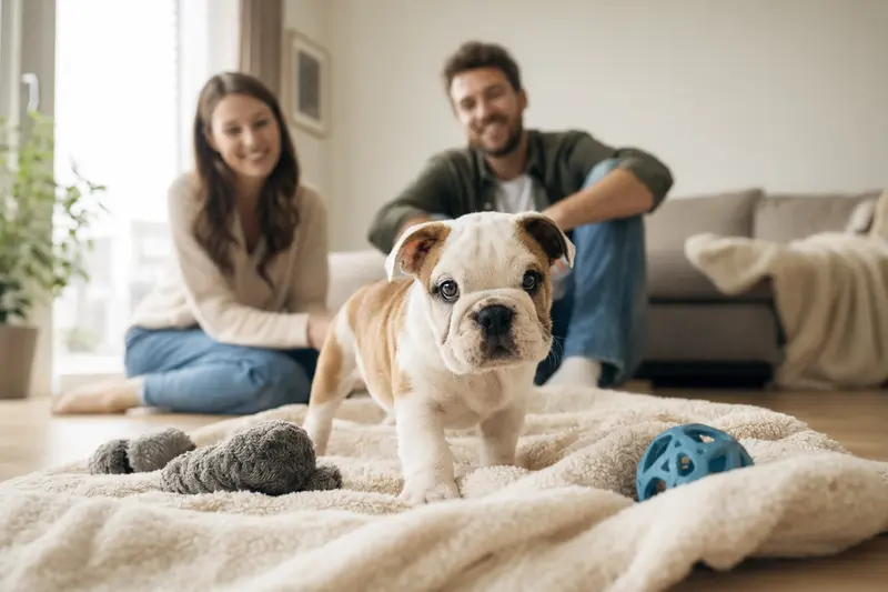 Ein junger Englische Bulldogge Welpe erkundet neugierig seine neue, helle Wohnung mit einer weichen Decke und Spielzeug im Hintergrund.