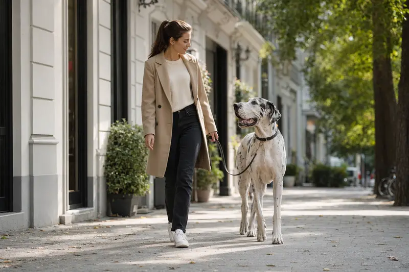 Englische Dogge läuft an der Leine mit ihrem Besitzer durch eine freundliche moderne Stadtstraße.