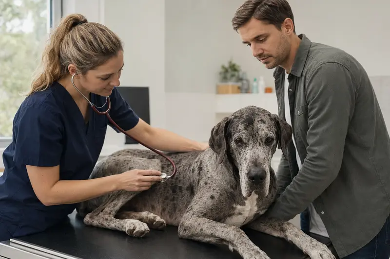 Eine ruhige Englische Dogge wird von einer freundlichen Tierärztin auf einem Untersuchungstisch untersucht.