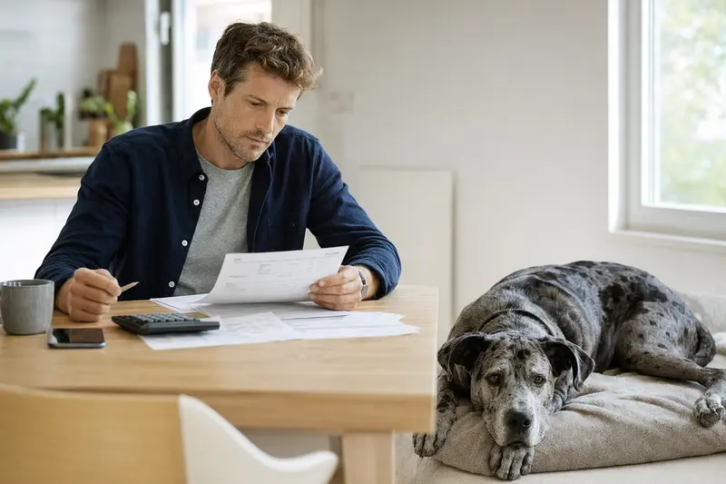 Ein Hundehalter sitzt mit einer Tierarztrechnung am Tisch, während eine entspannte Englische Dogge auf einer Decke neben ihm liegt und eine ruhige Tierarztsituation im Zusammenhang mit Hundekosten vermittelt.