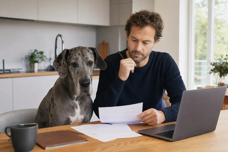 Eine Englische Dogge sitzt ruhig neben seinem Besitzer am Küchentisch, auf dem Versicherungsunterlagen liegen.