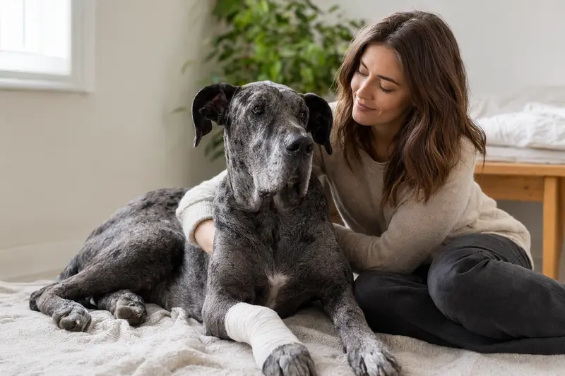 Eine Englische Dogge mit leichtem Verband neben ihrem erleichterten Besitzer in einer hellen Wohnung.