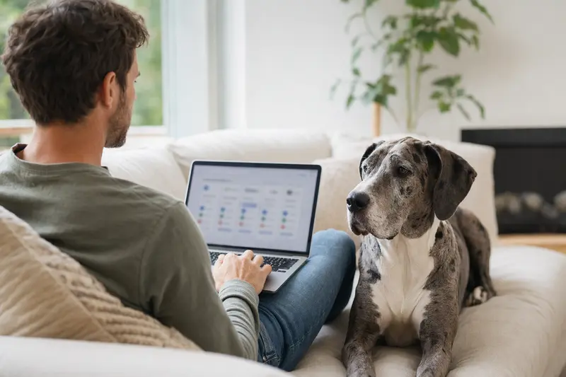 Besitzer arbeitet am Laptop auf dem Sofa, Englische Dogge entspannt neben ihm, im Hintergrund ein subtiler Versicherungsvergleich.