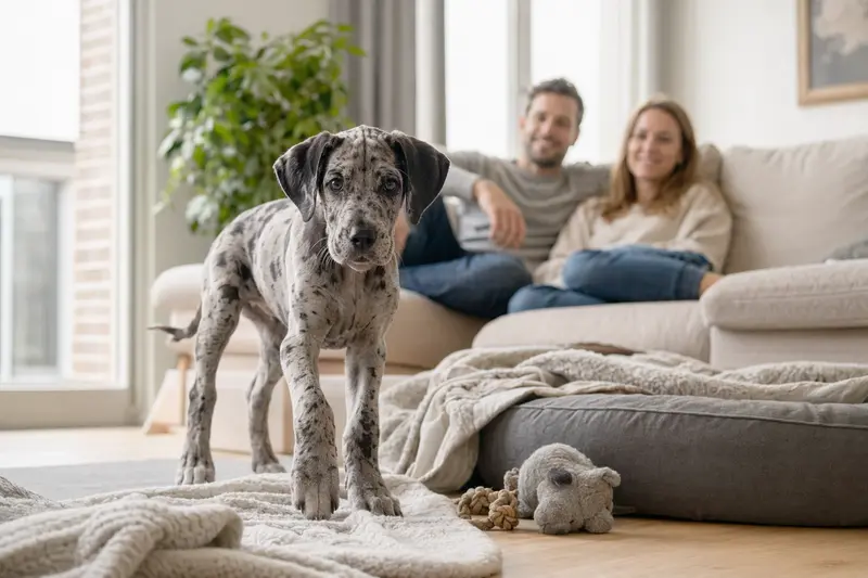 Ein junger Englische Dogge Welpe erkundet neugierig sein neues Zuhause mit Spielzeug und einer weichen Decke.