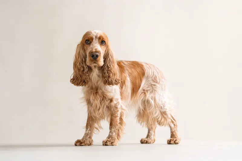 Ein aufmerksamer Englischer Cocker Spaniel steht in natürlicher Haltung vor hellem neutralem Hintergrund.