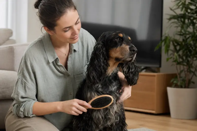 Ein Englischer Cocker Spaniel wird zuhause sanft gebürstet, während der Besitzer liebevoll die Fellpflege übernimmt.