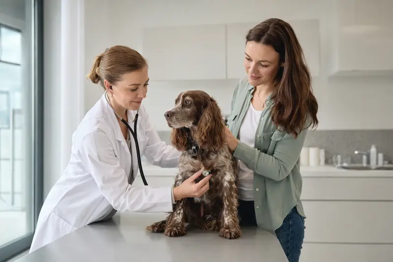 Ein ruhiger Englischer Cocker Spaniel auf einem Untersuchungstisch in einer Tierarztpraxis, während eine freundliche Tierärztin ihn mit einem Stethoskop untersucht.