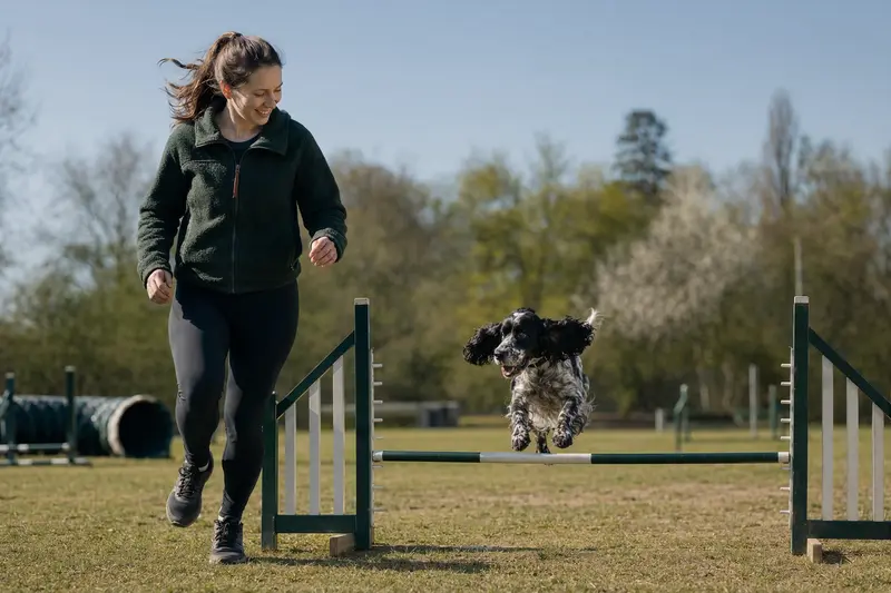 Ein Englischer Cocker Spaniel springt beim Hundetraining freudig über eine kleine Hürde auf dem Hundeplatz.
