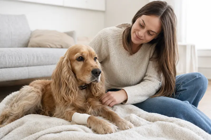 Ein Englischer Cocker Spaniel mit einem Verband an der Pfote liegt entspannt auf einer Decke, während sein Besitzer erleichtert daneben sitzt.