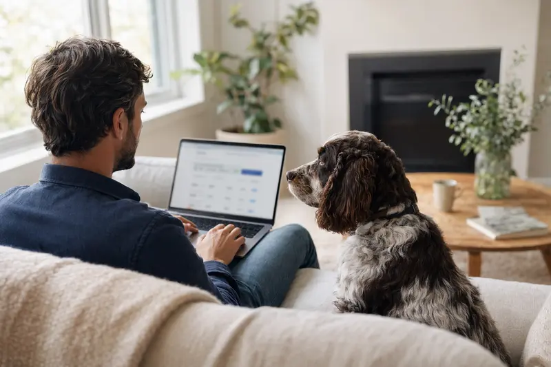 Ein Hundehalter sitzt mit einem Laptop auf dem Sofa, während sein Englischer Cocker Spaniel entspannt neben ihm liegt und eine neutrale Versicherungsvergleichsseite auf dem Bildschirm zu sehen ist.