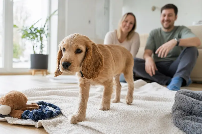 Ein neugieriger Cocker Spaniel Welpe erkundet sein neues Zuhause auf einer weichen Decke mit Spielzeug, während seine liebevolle Familie im Hintergrund zuschaut.