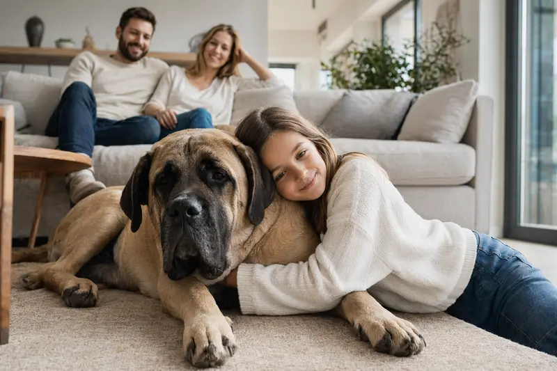 Ein freundlicher Englischer Mastiff liegt entspannt neben einem Kind im Wohnzimmer und vermittelt eine sichere Familienatmosphäre.