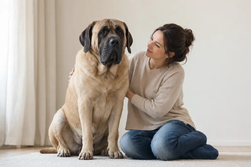 Ein Englischer Mastiff steht aufmerksam vor hellem Hintergrund und zeigt die typische Körperform dieser Hunderasse in einem professionellen Tierportrait.