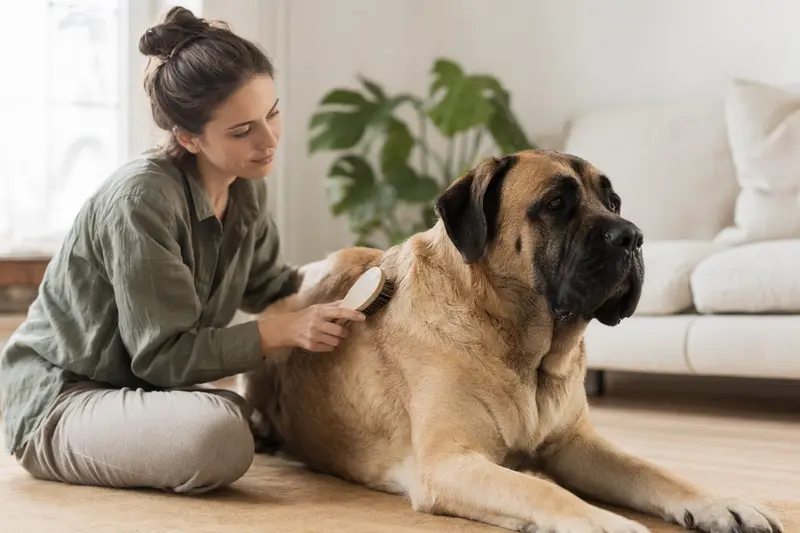 Ein Englischer Mastiff wird in einer hellen Wohnung liebevoll gebürstet, während sein Besitzer die Fellpflege ruhig und aufmerksam übernimmt.