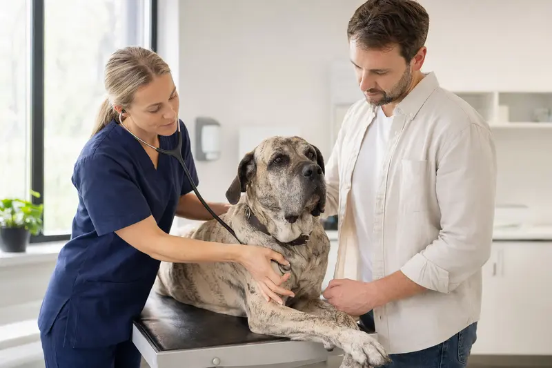 Ein freundlicher Englischer Mastiff auf dem Untersuchungstisch, während eine Tierärztin ihn mit einem Stethoskop untersucht.