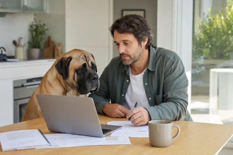 Ein Englischer Mastiff sitzt ruhig neben seinem Besitzer am Küchentisch, während Versicherungsunterlagen und ein Laptop mit einer Vergleichsseite auf dem Tisch liegen.