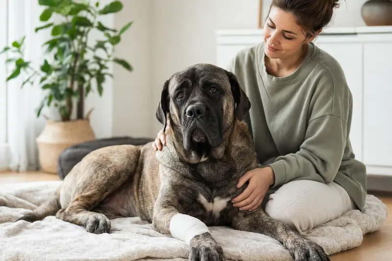 Englischer Mastiff mit leicht verbundenem Pfotenbereich liegt ruhig auf einer Decke, während sein Besitzer neben ihm erleichtert sitzt.